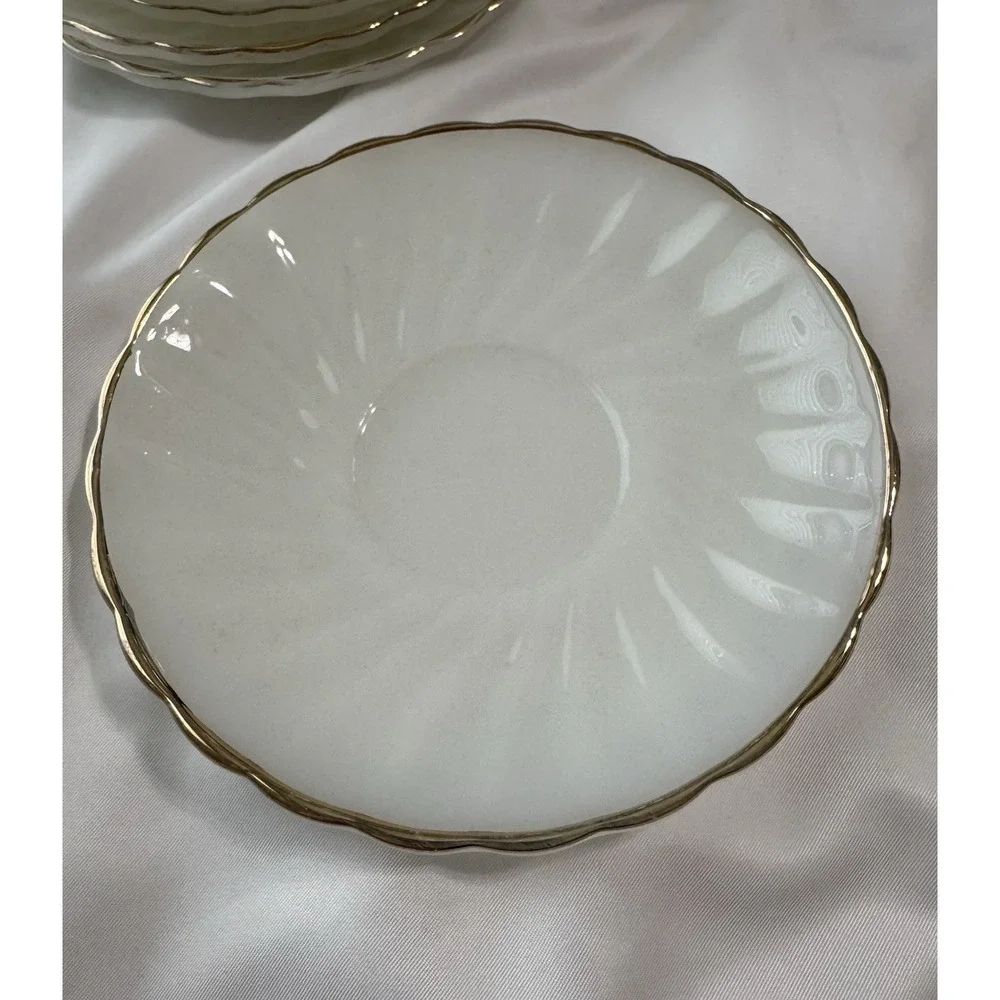 MCM Anchor Hocking Fire King Shell Gold Trim White Saucers (6)